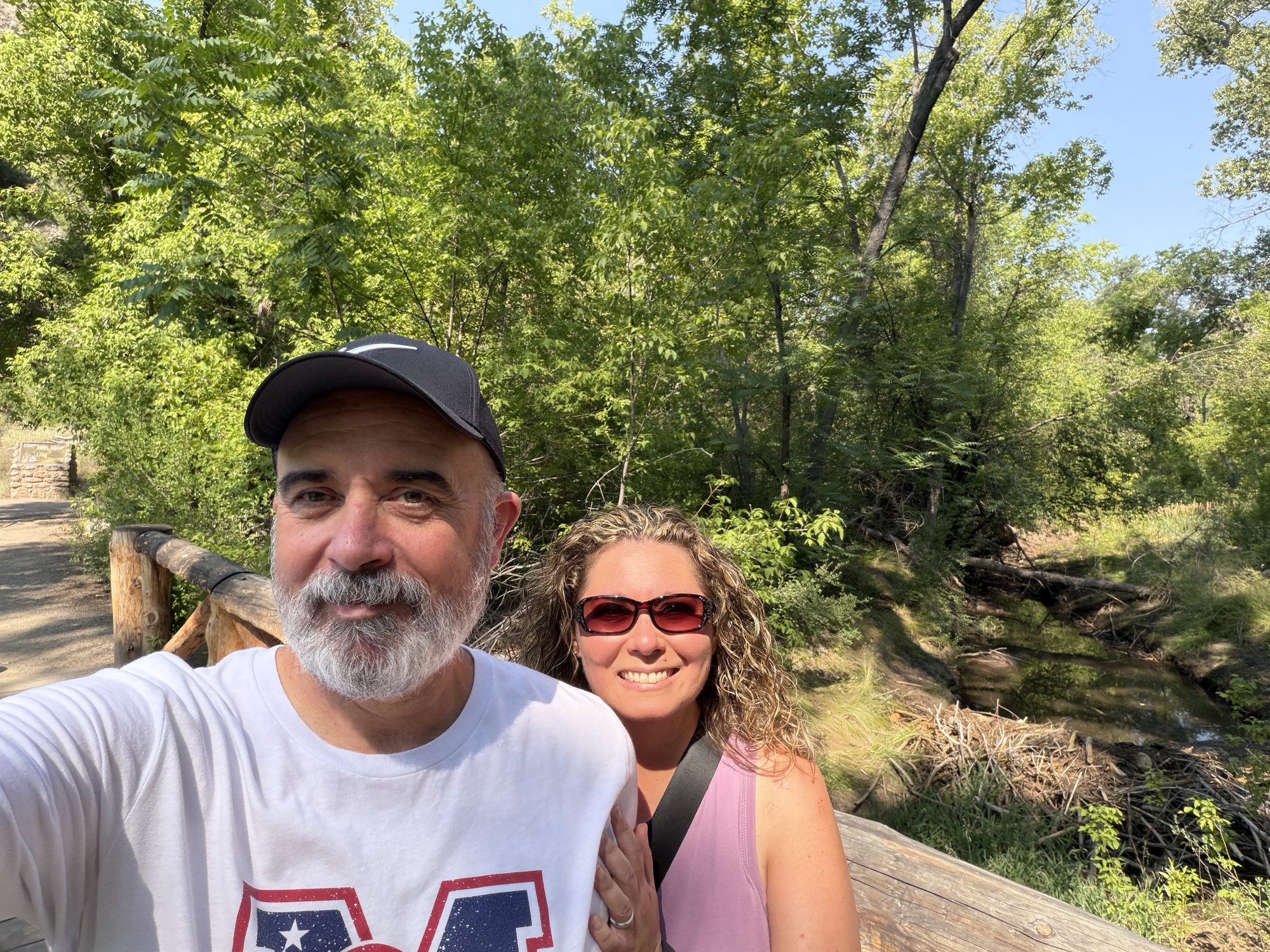 Erik and Linda beside the creek in Frijoles Canyon